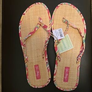 Vera Bradley Straw Pink and Green Floral Sandals with Straw Woven Soles